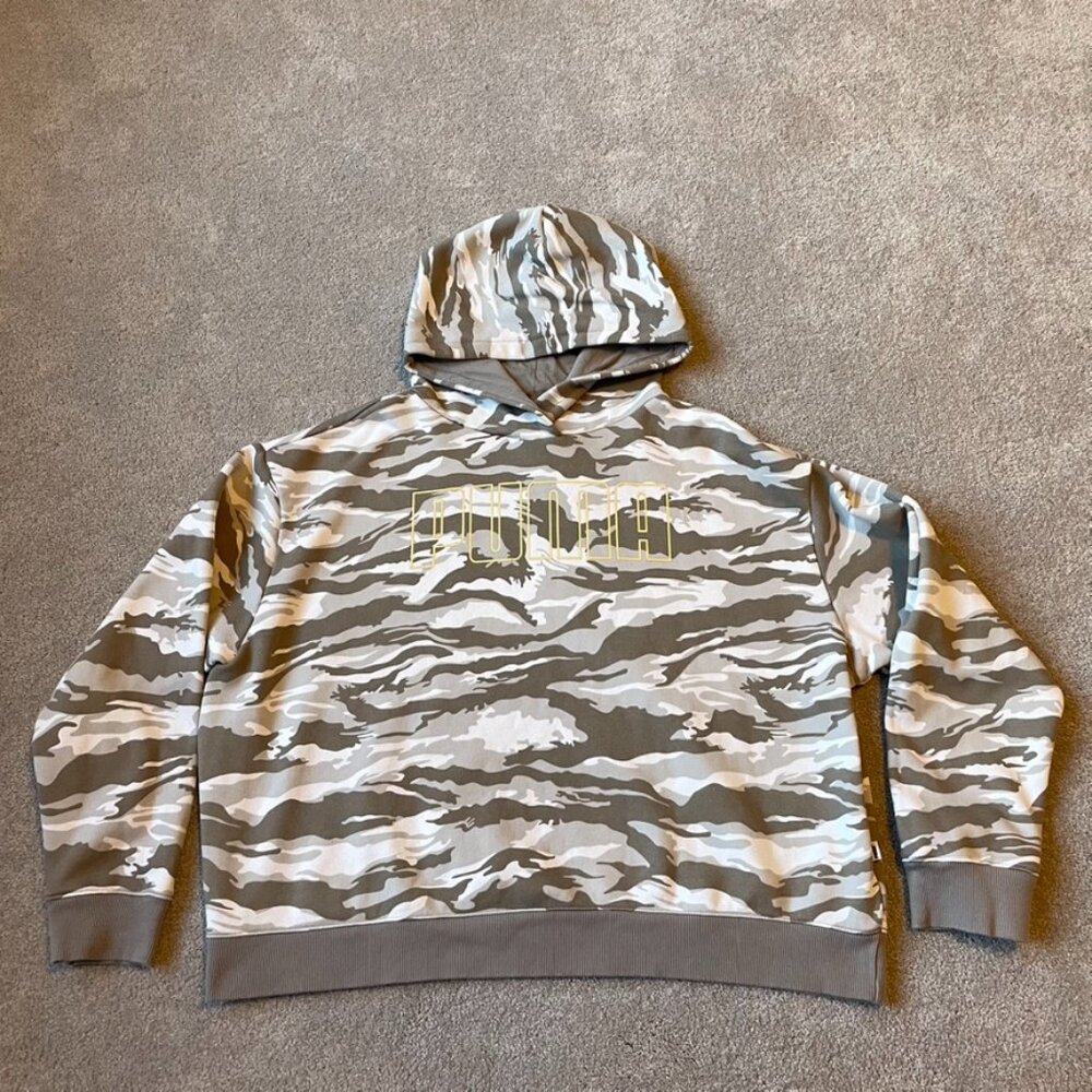 Puma Hoodie Womens XL Gray White Gold Camo Pullover Spellout Sweatshirt Cotton